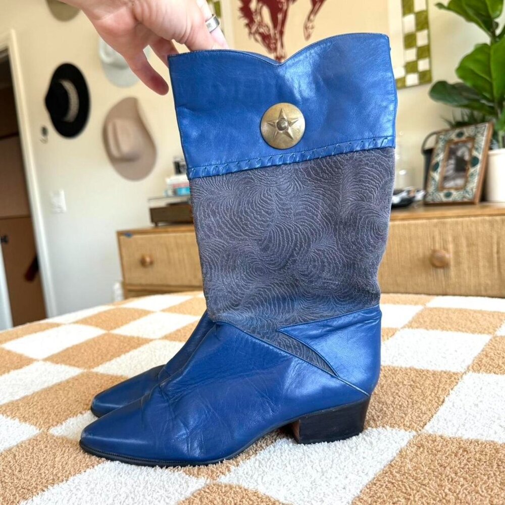 HARRIS BLUE WESTERN COWGIRL BOOTS LEATHER SIZE 5